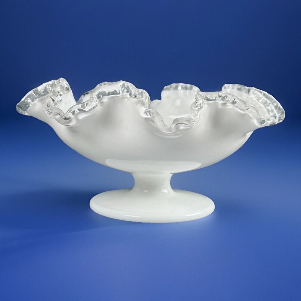 VTG Fenton Silver Crest Milk Glass Compote Pedestal Candy Dish Ruffled Bowl 8”
